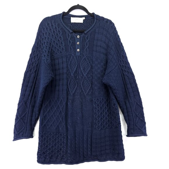 Blarney Woollen Mills Fisherman Cable Knit Sweater Medium Blue Tunic Pullover - Picture 1 of 12